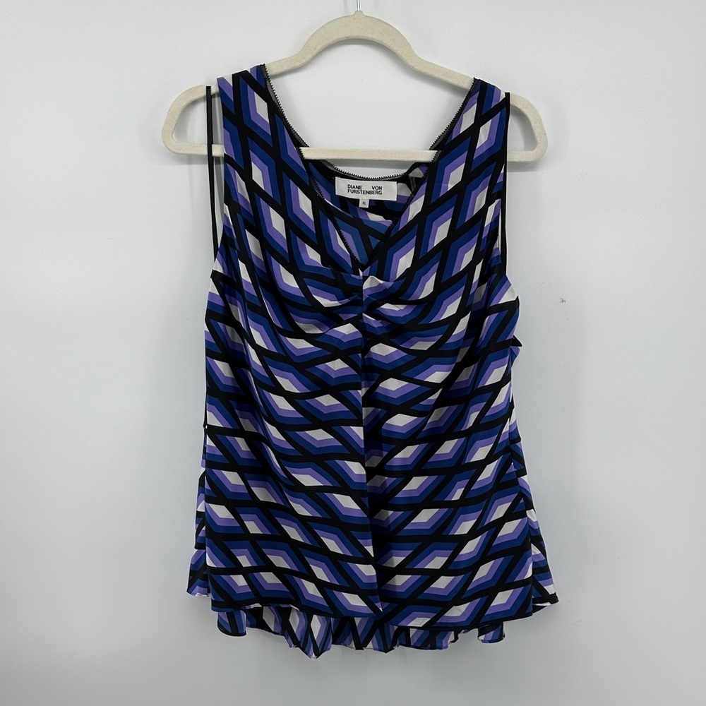 Diane Von Furstenberg Y2K Seaside Preppy NauticalBlue/BlackGeometric Blouse SzXL